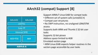 6
AArch32 (compat) Support [8]
Support ARMv7 Linux EABI for compat tasks
• Different set of system calls (unistd32.h)
• Compat user structures
• No SWP instruction, no unaligned LDM/STM
access
Supports both ARM and Thumb-2 32-bit user
tasks
Supports 32-bit ptrace
Address space limited to 4GB
Emulated vectors page
• ARM Linux EABI expects helper routines in the
vectors page accessible by user tasks
 