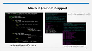 7
AArch32 (compat) Support
arch/arm64/kernel/ptrace.c
arch/arm64/include/asm/unistd32.h
arch/arm64/include/asm/unistd.h
 
