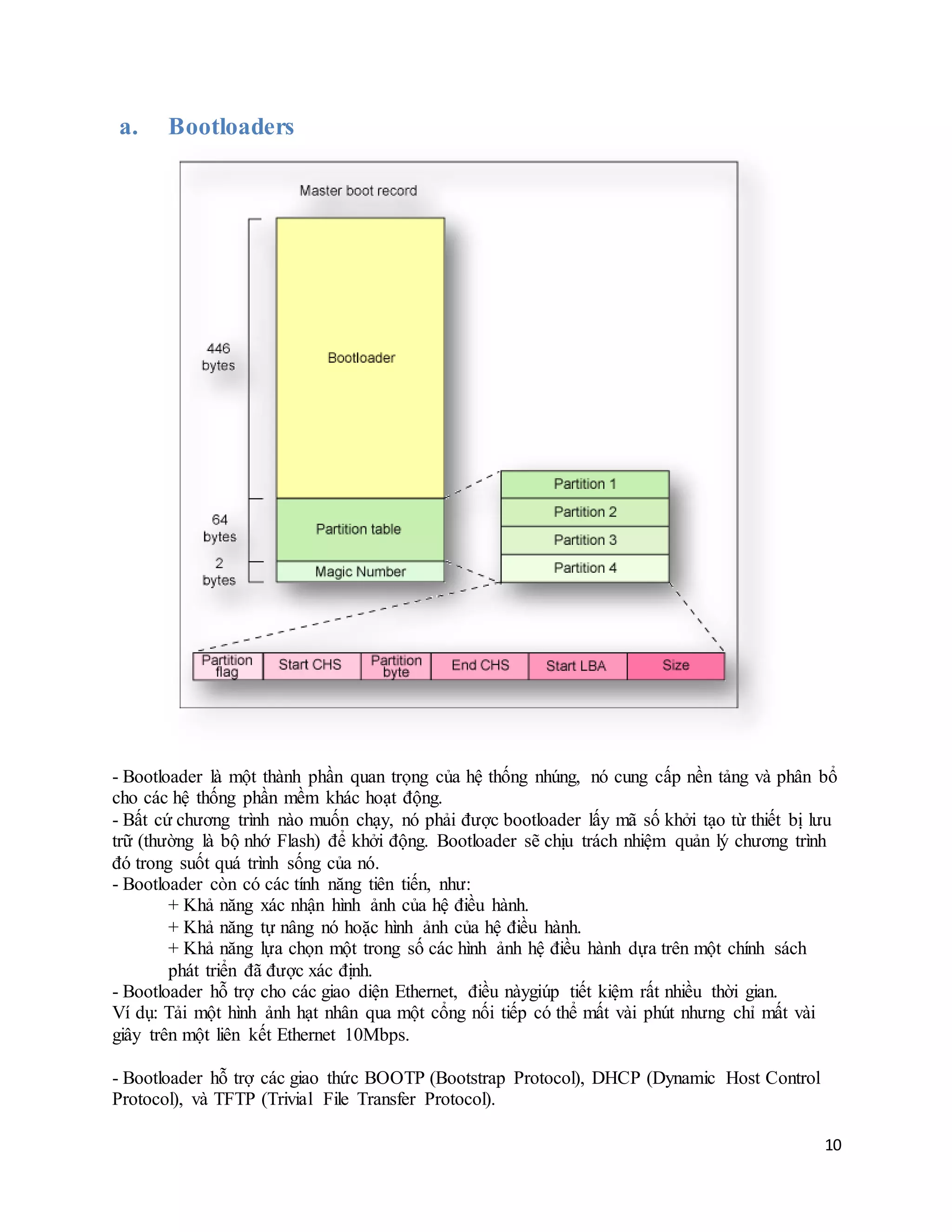 10
a. Bootloaders
- Bootloader là một thành phần quan trọng của hệ thống nhúng, nó cung cấp nền tảng và phân bổ
cho các hệ thống phần mềm khác hoạt động.
- Bất cứ chương trình nào muốn chạy, nó phải được bootloader lấy mã số khởi tạo từ thiết bị lưu
trữ (thường là bộ nhớ Flash) để khởi động. Bootloader sẽ chịu trách nhiệm quản lý chương trình
đó trong suốt quá trình sống của nó.
- Bootloader còn có các tính năng tiên tiến, như:
+ Khả năng xác nhận hình ảnh của hệ điều hành.
+ Khả năng tự nâng nó hoặc hình ảnh của hệ điều hành.
+ Khả năng lựa chọn một trong số các hình ảnh hệ điều hành dựa trên một chính sách
phát triển đã được xác định.
- Bootloader hỗ trợ cho các giao diện Ethernet, điều nàygiúp tiết kiệm rất nhiều thời gian.
Ví dụ: Tải một hình ảnh hạt nhân qua một cổng nối tiếp có thể mất vài phút nhưng chỉ mất vài
giây trên một liên kết Ethernet 10Mbps.
- Bootloader hỗ trợ các giao thức BOOTP (Bootstrap Protocol), DHCP (Dynamic Host Control
Protocol), và TFTP (Trivial File Transfer Protocol).
 
