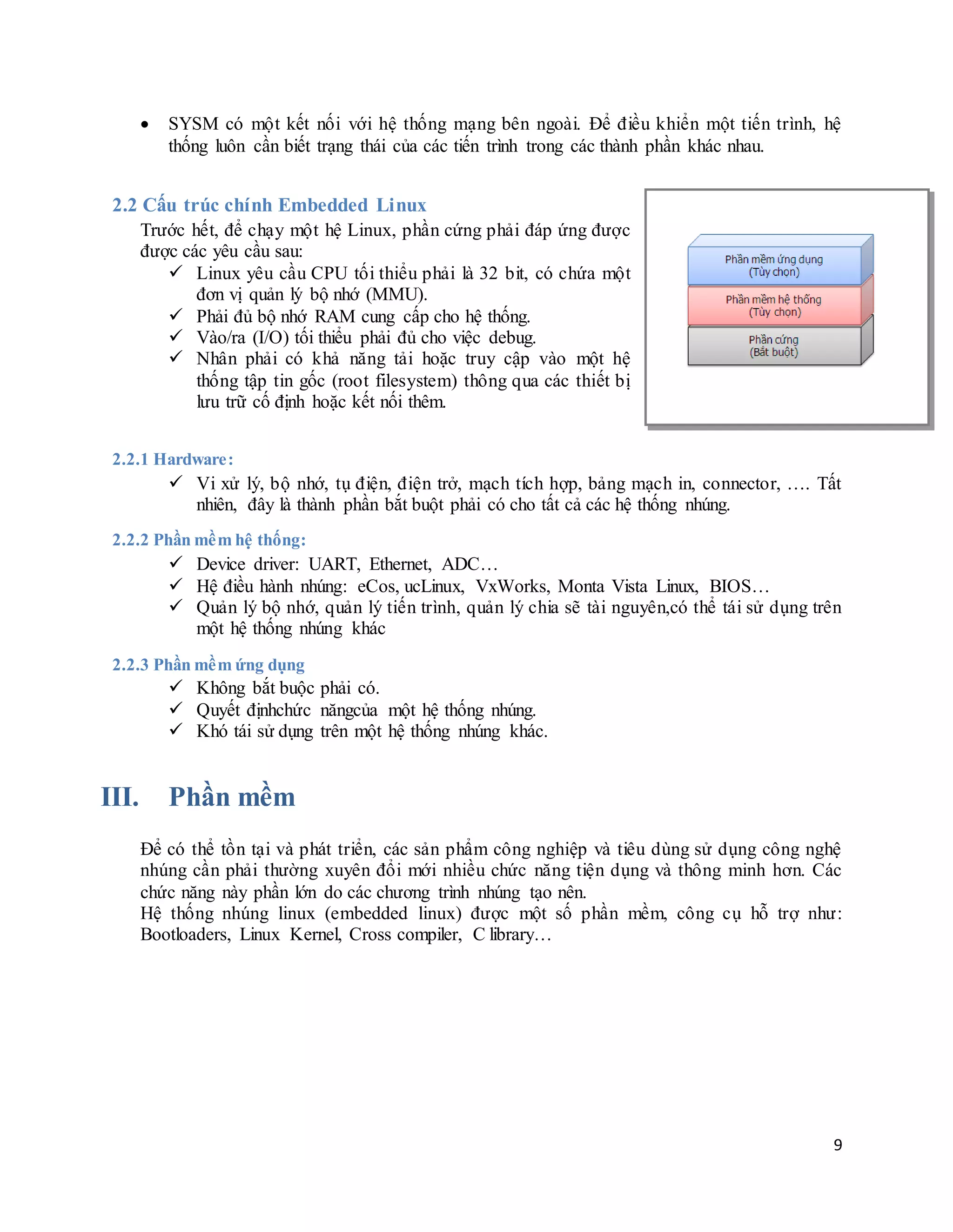 9
 SYSM có một kết nối với hệ thống mạng bên ngoài. Để điều khiển một tiến trình, hệ
thống luôn cần biết trạng thái của các tiến trình trong các thành phần khác nhau.
2.2 Cấu trúc chính Embedded Linux
Trước hết, để chạy một hệ Linux, phần cứng phải đáp ứng được
được các yêu cầu sau:
 Linux yêu cầu CPU tối thiểu phải là 32 bit, có chứa một
đơn vị quản lý bộ nhớ (MMU).
 Phải đủ bộ nhớ RAM cung cấp cho hệ thống.
 Vào/ra (I/O) tối thiểu phải đủ cho việc debug.
 Nhân phải có khả năng tải hoặc truy cập vào một hệ
thống tập tin gốc (root filesystem) thông qua các thiết bị
lưu trữ cố định hoặc kết nối thêm.
2.2.1 Hardware:
 Vi xử lý, bộ nhớ, tụ điện, điện trở, mạch tích hợp, bảng mạch in, connector, …. Tất
nhiên, đây là thành phần bắt buột phải có cho tất cả các hệ thống nhúng.
2.2.2 Phần mềm hệ thống:
 Device driver: UART, Ethernet, ADC…
 Hệ điều hành nhúng: eCos, ucLinux, VxWorks, Monta Vista Linux, BIOS…
 Quản lý bộ nhớ, quản lý tiến trình, quản lý chia sẽ tài nguyên,có thể tái sử dụng trên
một hệ thống nhúng khác
2.2.3 Phần mềm ứng dụng
 Không bắt buộc phải có.
 Quyết địnhchức năngcủa một hệ thống nhúng.
 Khó tái sử dụng trên một hệ thống nhúng khác.
III. Phần mềm
Để có thể tồn tại và phát triển, các sản phẩm công nghiệp và tiêu dùng sử dụng công nghệ
nhúng cần phải thường xuyên đổi mới nhiều chức năng tiện dụng và thông minh hơn. Các
chức năng này phần lớn do các chương trình nhúng tạo nên.
Hệ thống nhúng linux (embedded linux) được một số phần mềm, công cụ hỗ trợ như:
Bootloaders, Linux Kernel, Cross compiler, C library…
 
