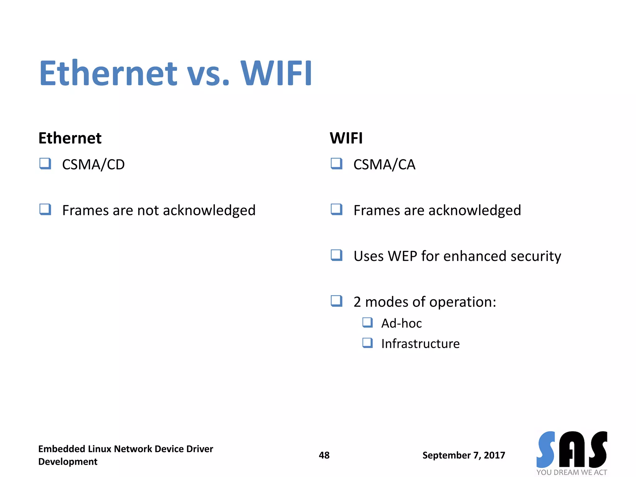 Ethernet vs. WIFI
Ethernet
 CSMA/CD
 Frames are not acknowledged
WIFI
 CSMA/CA
 Frames are acknowledged
 Uses WEP for enhanced security
 2 modes of operation:
 Ad-hoc
 Infrastructure
September 7, 2017
Embedded Linux Network Device Driver
Development
48
 