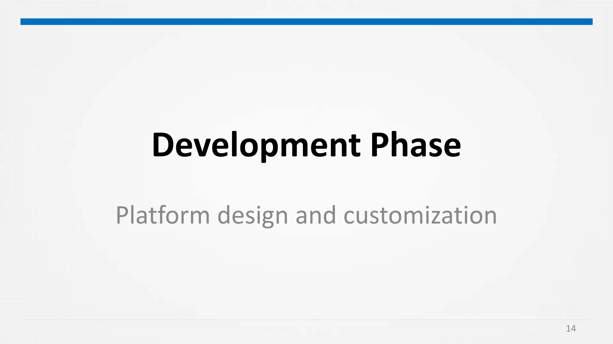Development Phase
Platform design and customization
14
 