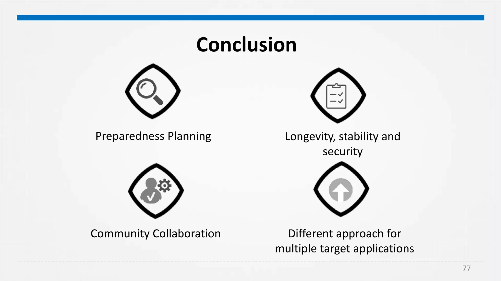 77
Conclusion
Community Collaboration Different approach for
multiple target applications
Preparedness Planning Longevity, stability and
security
 