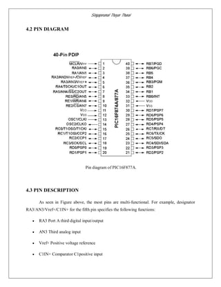 Singaperumal Thayar Thunai
4.2 PIN DIAGRAM
Pin diagram of PIC16F877A.
4.3 PIN DESCRIPTION
As seen in Figure above, the most pins are multi-functional. For example, designator
RA3/AN3/Vref+/C1IN+ for the fifth pin specifies the following functions:
 RA3 Port A third digital input/output
 AN3 Third analog input
 Vref+ Positive voltage reference
 C1IN+ Comparator C1positive input
 