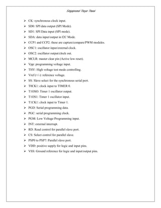 Singaperumal Thayar Thunai
 CK: synchronous clock input.
 SD0: SPI data output (SPI Mode).
 SD1: SPI Data input (SPI mode).
 SDA: data input/output in I2C Mode.
 CCP1 and CCP2: these are capture/compare/PWM modules.
 OSC1: oscillator input/external clock.
 OSC2: oscillator output/clock out.
 MCLR: master clear pin (Active low reset).
 Vpp: programming voltage input.
 THV: High voltage test mode controlling.
 Vref (+/-): reference voltage.
 SS: Slave select for the synchronous serial port.
 T0CK1: clock input to TIMER 0.
 T1OSO: Timer 1 oscillator output.
 T1OS1: Timer 1 oscillator input.
 T1CK1: clock input to Timer 1.
 PGD: Serial programming data.
 PGC: serial programming clock.
 PGM: Low Voltage Programming input.
 INT: external interrupt.
 RD: Read control for parallel slave port.
 CS: Select control for parallel slave.
 PSP0 to PSP7: Parallel slave port.
 VDD: positive supply for logic and input pins.
 VSS: Ground reference for logic and input/output pins.
 