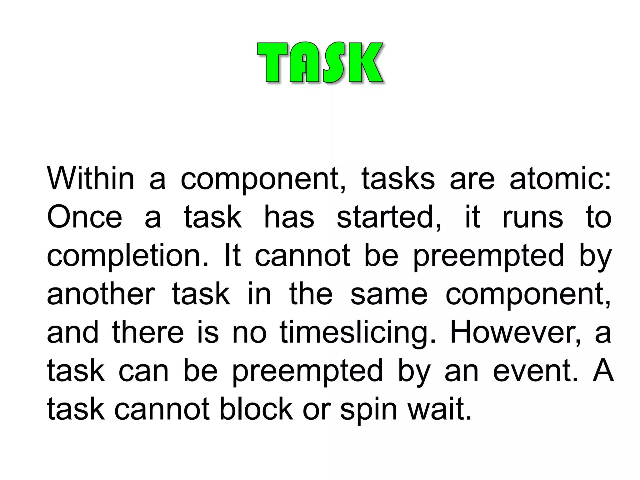 SEMAPHORES	If this counter is zero, an attempt by a consumer thread to wait on the semaphore will block until some other thread or a DSR posts a new event to the semaphore.	If the counter is greater than zero then an attempt to wait on the semaphore will consume one event; in other words, decrement the counter, and return immediately.