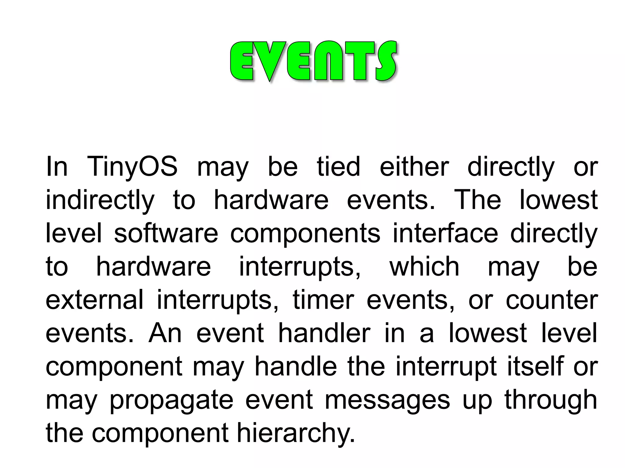 EVENT FLAGS	An event flag is a 32-bit word used as a synchronization mechanism. Application code may associate a different event with each bit in a flag. A thread can wait for either a single event or a combination of events by checking one or multiple bits in the corresponding flag.