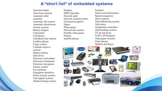 Anti-lock brakes
Auto-focus cameras
Automatic teller
machines
Automatic toll systems
Automatic transmission
Avionic systems
Battery chargers
Camcorders
Cell phones
Cell-phone base stations
Cordless phones
Cruise control
Curbside check-in
systems
Digital cameras
Disk drives
Electronic card readers
Electronic instruments
Electronic toys/games
Factory control
Fax machines
Fingerprint identifiers
Home security systems
Life-support systems
Medical testing systems
Modems
MPEG decoders
Network cards
Network switches/routers
On-board navigation
Pagers
Photocopiers
Point-of-sale systems
Portable video games
Printers
Satellite phones
Scanners
Smart ovens/dishwashers
Speech recognizers
Stereo systems
Teleconferencing systems
Televisions
Temperature controllers
Theft tracking systems
TV set-top boxes
VCR’s, DVD players
Video game consoles
Video phones
Washers and dryers
 