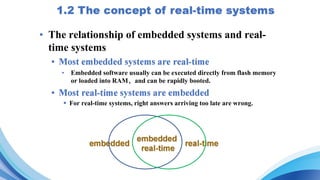• The relationship of embedded systems and real-
time systems
• Embedded software usually can be executed directly from flash memory
or loaded into RAM，and can be rapidly booted.
§ For real-time systems, right answers arriving too late are wrong.
 