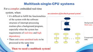 For a complex embedded real-time
system, when:
• It’s difficult to fulfill the functionalities
of the system with the software
structure of interrupt processing
routines plus a background program,
especially when the system has
requirements of real-time and high
dependency
• There exit some unrelated tasks to be
processed at the same time
Then we need a multitask system!
Background:
Multi-tasks
Foreground:
ISRs
an extension of fore/back-ground system!
 
