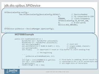SPIDeviceConfig config =
new SPIDeviceConfig(DeviceConfig.DEFAULT,
0,
500000,
Copyright	 ©	2014,	 Oracle	 and/or	 its	affi...
