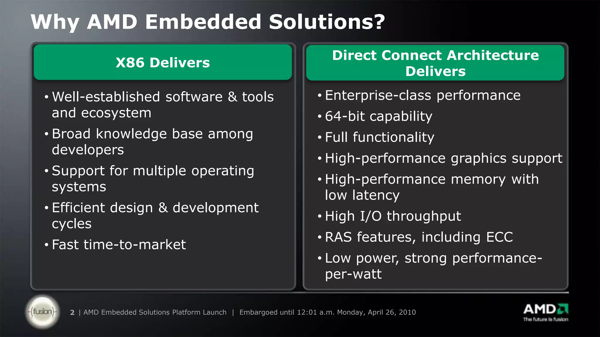 Why AMD Embedded Solutions?X86 DeliversDirect Connect Architecture DeliversEnterprise-class performance
