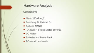 Hardware Analysis
 Neato LIDAR xv_11
 Raspberry Pi 3 Model B+
 Arduino NANO
 LN293D H-Bridge Motor driver IC
 DC motor
 Batteries and Power Bank
 RC model car chassis
Components
 