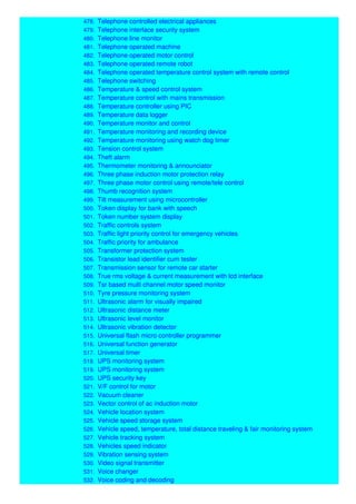 478. Telephone controlled electrical appliances
479. Telephone interface security system
480. Telephone line monitor
481. Telephone operated machine
482. Telephone operated motor control
483. Telephone operated remote robot
484. Telephone operated temperature control system with remote control
485. Telephone switching
486. Temperature & speed control system
487. Temperature control with mains transmission
488. Temperature controller using PIC
489. Temperature data logger
490. Temperature monitor and control
491. Temperature monitoring and recording device
492. Temperature monitoring using watch dog timer
493. Tension control system
494. Theft alarm
495. Thermometer monitoring & announciator
496. Three phase induction motor protection relay
497. Three phase motor control using remote/tele control
498. Thumb recognition system
499. Tilt measurement using microcontroller
500. Token display for bank with speech
501. Token number system display
502. Traffic controls system
503. Traffic light priority control for emergency vehicles
504. Traffic priority for ambulance
505. Transformer protection system
506. Transistor lead identifier cum tester
507. Transmission sensor for remote car starter
508. True rms voltage & current measurement with lcd interface
509. Tsr based multi channel motor speed monitor
510. Tyre pressure monitoring system
511. Ultrasonic alarm for visually impaired
512. Ultrasonic distance meter
513. Ultrasonic level monitor
514. Ultrasonic vibration detector
515. Universal flash micro controller programmer
516. Universal function generator
517. Universal timer
518. UPS monitoring system
519. UPS monitoring system
520. UPS security key
521. V/F control for motor
522. Vacuum cleaner
523. Vector control of ac induction motor
524. Vehicle location system
525. Vehicle speed storage system
526. Vehicle speed, temperature, total distance traveling & fair monitoring system
527. Vehicle tracking system
528. Vehicles speed indicator
529. Vibration sensing system
530. Video signal transmitter
531. Voice changer
532. Voice coding and decoding
 