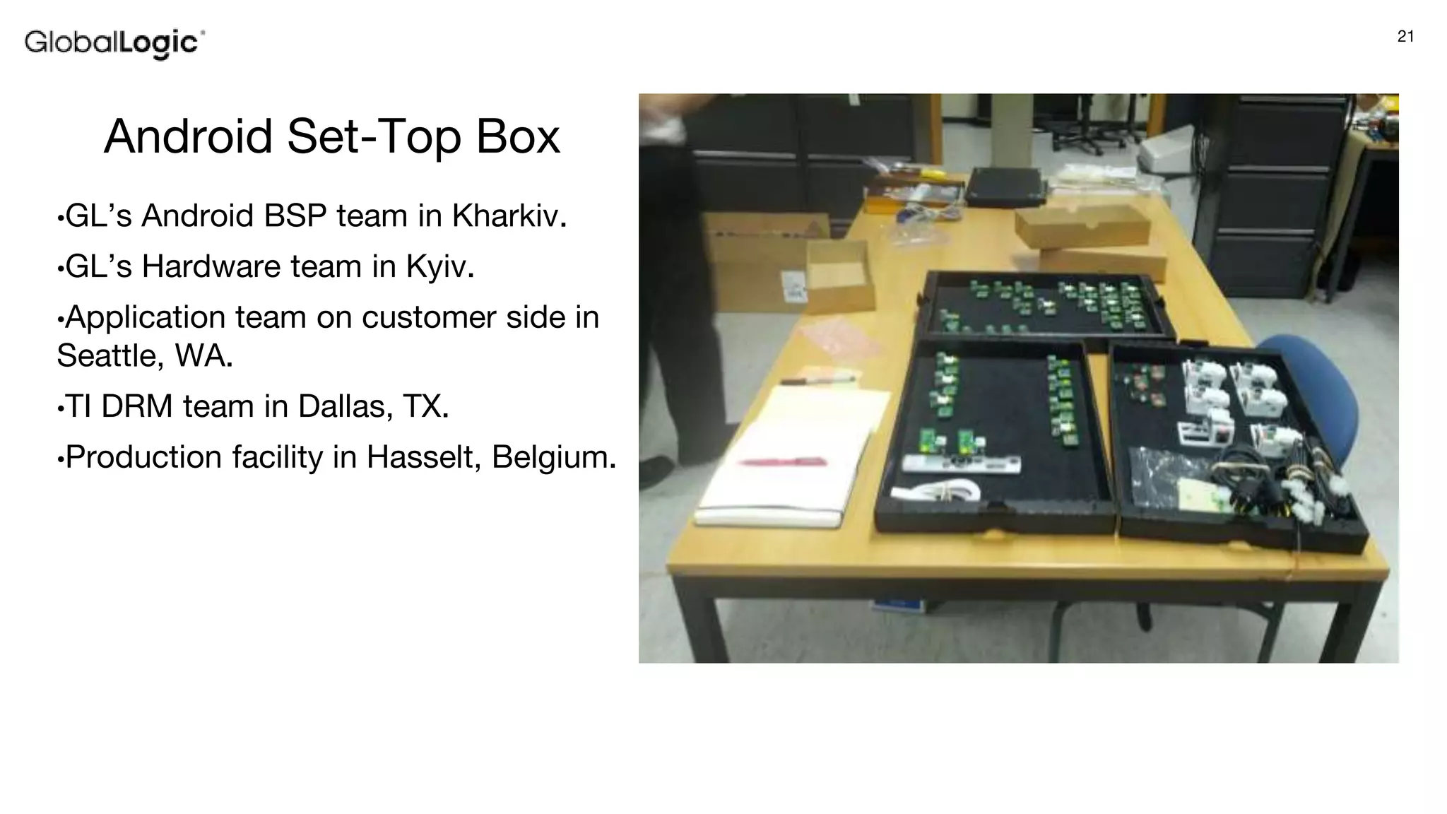 21
Android Set-Top Box
•GL’s Android BSP team in Kharkiv.
•GL’s Hardware team in Kyiv.
•Application team on customer side in
Seattle, WA.
•TI DRM team in Dallas, TX.
•Production facility in Hasselt, Belgium.
 