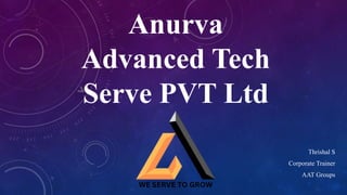 Anurva
Advanced Tech
Serve PVT Ltd
Thrishal S
Corporate Trainer
AAT Groups
 