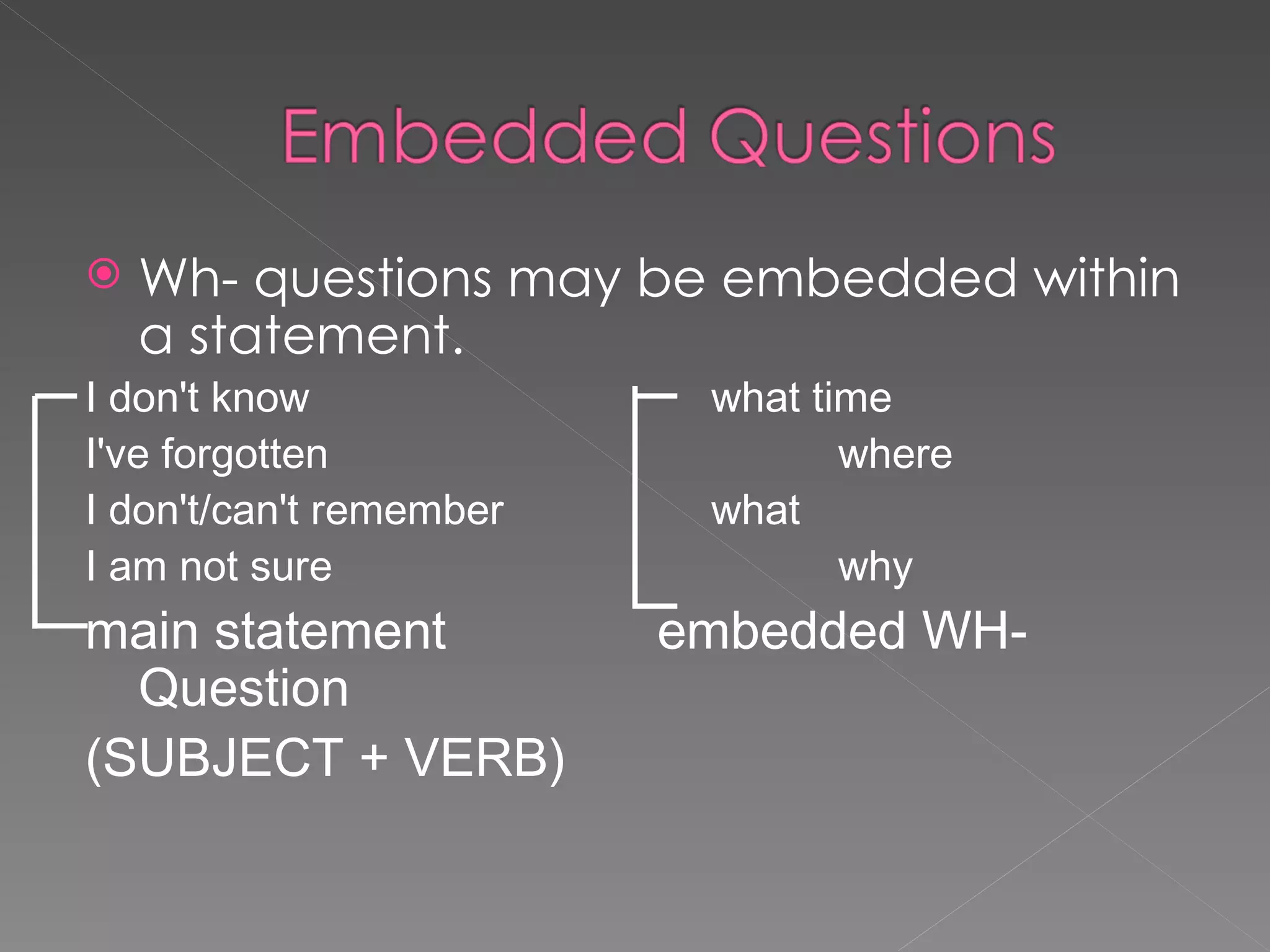 Wh- questions may be embedded within a statement. I don't know what time I've forgotten where I don't/can't remember what I am not sure why main statement embedded WH-Question (SUBJECT + VERB)