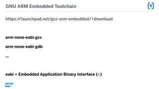 GNU ARM Embedded Toolchain
https://launchpad.net/gcc-arm-embedded/+download
arm-none-eabi-gcc
arm-none-eabi-gdb
…
eabi = Embedded Application Binary Interface (>)
 