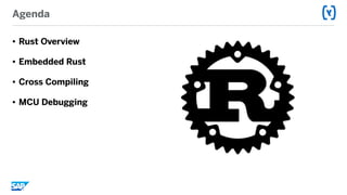 Agenda
• Rust Overview
• Embedded Rust
• Cross Compiling
• MCU Debugging
 