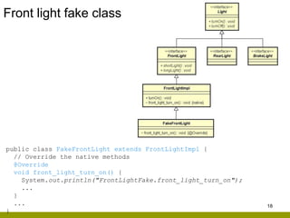 Front light fake class
18
public class FakeFrontLight extends FrontLightImpl {
// Override the native methods
@Override
void front_light_turn_on() {
System.out.println("FrontLightFake.front_light_turn_on");
...
}
...
}
 