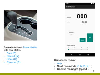 6
Emulate automat transmission
with four states:
• Park (P)
• Neutral (N)
• Drive (D)
• Reverse (R)
Remote car control:
• App
• Send commands (P, N, D, R, ..)
• Receive messages (speed, ..)
 