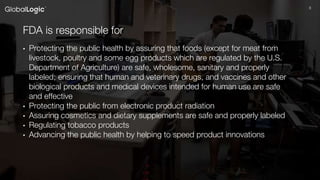 88
FDA is responsible for
• Protecting the public health by assuring that foods (except for meat from
livestock, poultry and some egg products which are regulated by the U.S.
Department of Agriculture) are safe, wholesome, sanitary and properly
labeled; ensuring that human and veterinary drugs, and vaccines and other
biological products and medical devices intended for human use are safe
and effective
• Protecting the public from electronic product radiation
• Assuring cosmetics and dietary supplements are safe and properly labeled
• Regulating tobacco products
• Advancing the public health by helping to speed product innovations
 