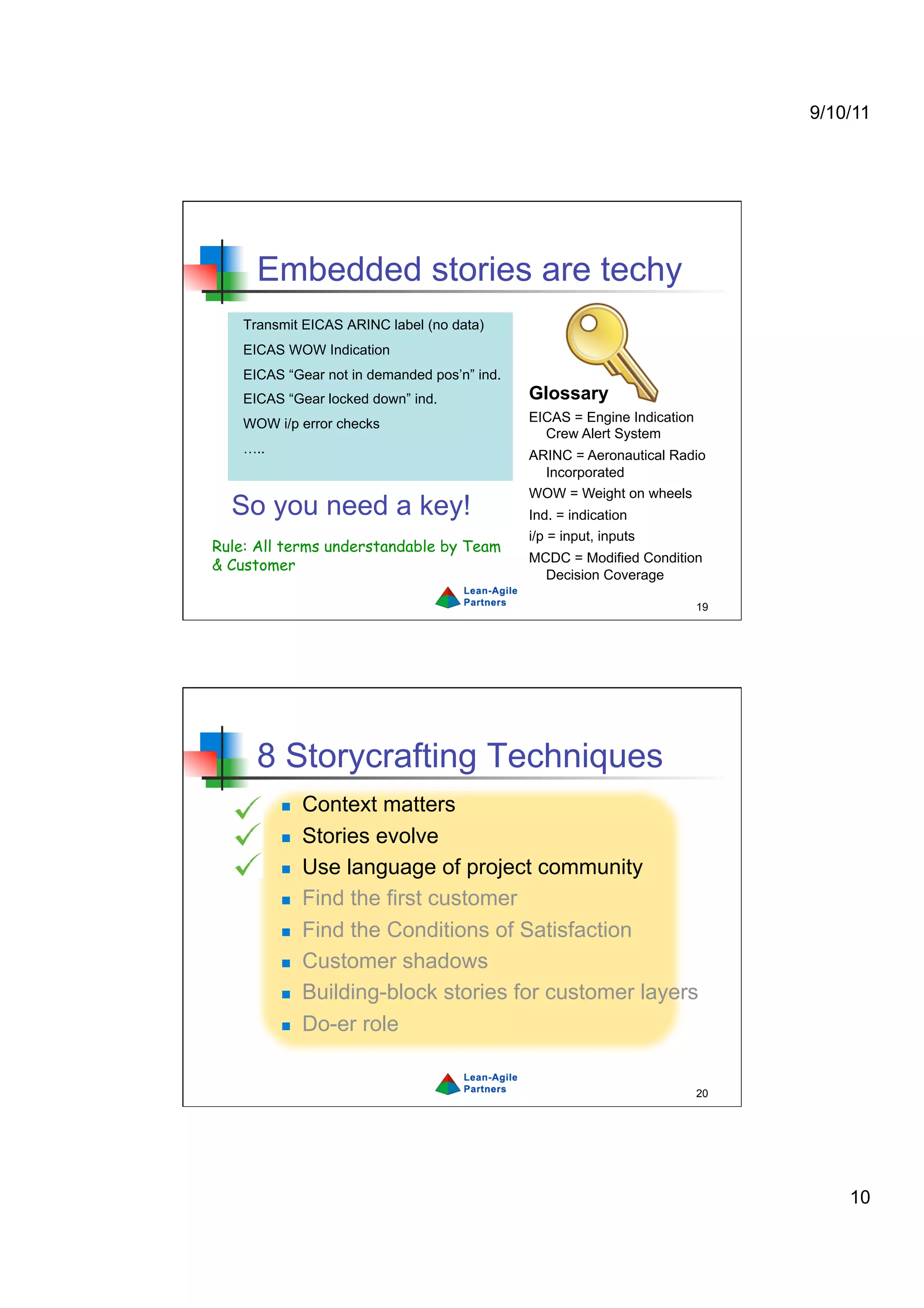 9/10/11




      Embedded stories are techy
    Transmit EICAS ARINC label (no data)
    EICAS WOW Indication
    EICAS “Gear not in demanded pos’n” ind.
    EICAS “Gear locked down” ind.             Glossary
    WOW i/p error checks                      EICAS = Engine Indication
                                                Crew Alert System
    …..                                       ARINC = Aeronautical Radio
                                                Incorporated
                                              WOW = Weight on wheels
  So you need a key!                          Ind. = indication
                                              i/p = input, inputs
Rule: All terms understandable by Team
                                              MCDC = Modified Condition
& Customer
                                                Decision Coverage

                                                                          19




      8 Storycrafting Techniques
              Context matters
              Stories evolve
              Use language of project community
              Find the first customer
              Find the Conditions of Satisfaction
              Customer shadows
              Building-block stories for customer layers
              Do-er role


                                                                          20




                                                                                   10
 