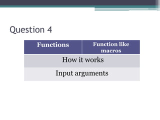 Question 4
      Functions        Function like
                         macros
              How it works
             Input arguments
 