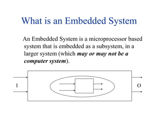 What is an Embedded System       An Embedded System is a microprocessor based system that is embedded as a subsystem, in a larger system (which may or may not be a computer system). O I 
