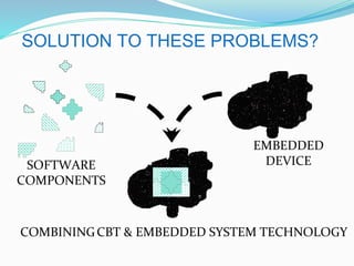 SOLUTION TO THESE PROBLEMS?
SOFTWARE
COMPONENTS
EMBEDDED
DEVICE
COMBININGCBT & EMBEDDED SYSTEM TECHNOLOGY
 