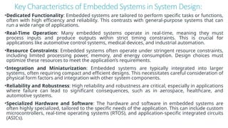 Key Characteristics of Embedded Systems in System Design:
•Dedicated Functionality: Embedded systems are tailored to perform specific tasks or functions,
often with high efficiency and reliability. This contrasts with general-purpose systems that can
run a wide range of applications.
•Real-Time Operation: Many embedded systems operate in real-time, meaning they must
process inputs and produce outputs within strict timing constraints. This is crucial for
applications like automotive control systems, medical devices, and industrial automation.
•Resource Constraints: Embedded systems often operate under stringent resource constraints,
including limited processing power, memory, and energy consumption. Design choices must
optimize these resources to meet the application’s requirements.
•Integration and Miniaturization: Embedded systems are typically integrated into larger
systems, often requiring compact and efficient designs. This necessitates careful consideration of
physical form factors and integration with other system components.
•Reliability and Robustness: High reliability and robustness are critical, especially in applications
where failure can lead to significant consequences, such as in aerospace, healthcare, and
automotive systems.
•Specialized Hardware and Software: The hardware and software in embedded systems are
often highly specialized, tailored to the specific needs of the application. This can include custom
microcontrollers, real-time operating systems (RTOS), and application-specific integrated circuits
(ASICs).
 
