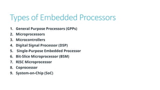 Types of Embedded Processors
1. General Purpose Processors (GPPs)
2. Microprocessors
3. Microcontrollers
4. Digital Signal Processor (DSP)
5. Single-Purpose Embedded Processor
6. Bit-Slice Microprocessor (BSM)
7. RISC Microprocessor
8. Coprocessor
9. System-on-Chip (SoC)
 