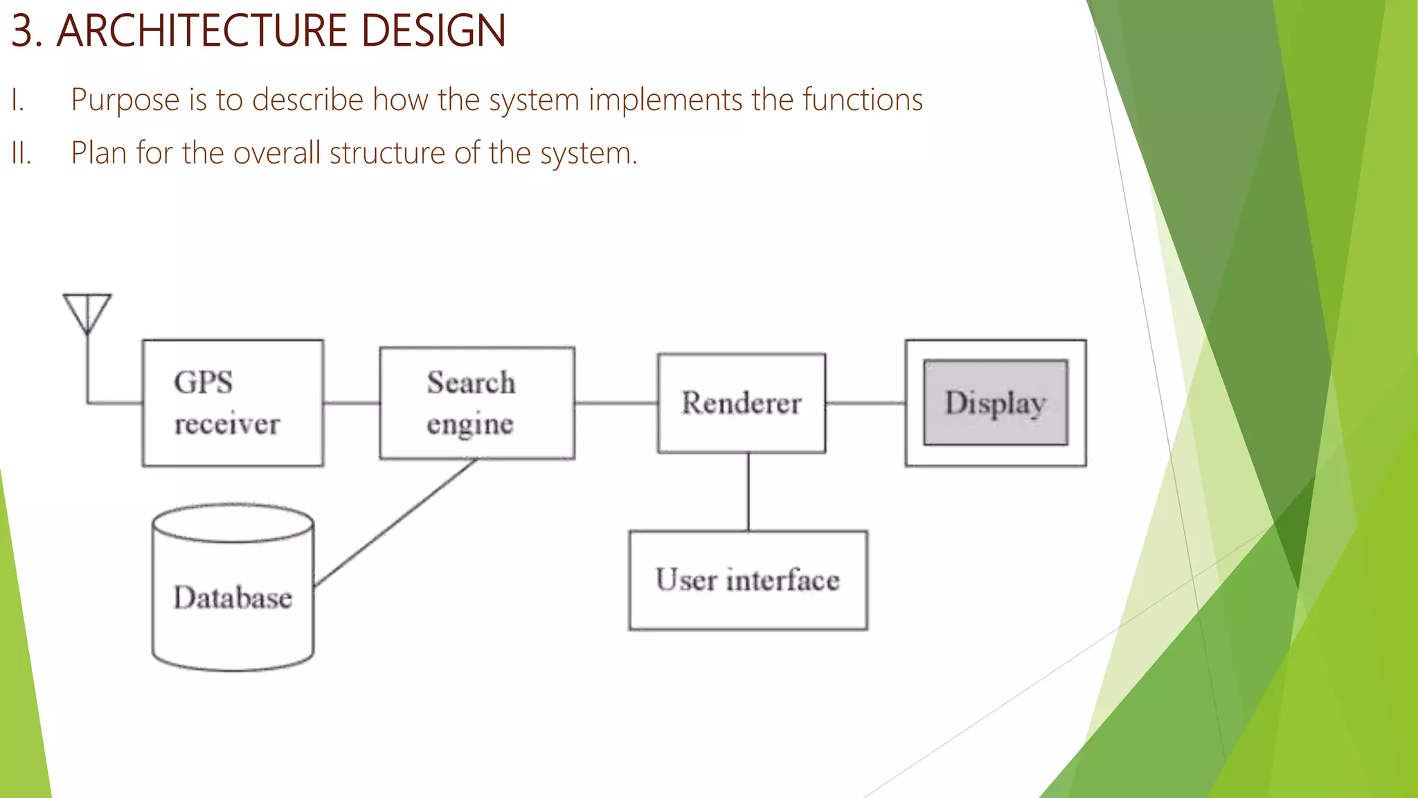 3. ARCHITECTURE DESIGN
I. Purpose is to describe how the system implements the functions
II. Plan for the overall structure of the system.
 