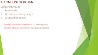 4. COMPONENT DESIGN
Components may be
I. Ready-made
II. Modified from existing designs
III. Designed from scratch
Standard Hardware Component: CPU, Memory chips
Standard Software Component: Topographic database
 