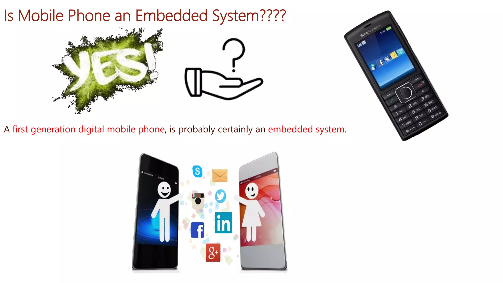 Is Mobile Phone an Embedded System????
A first generation digital mobile phone, is probably certainly an embedded system.
 