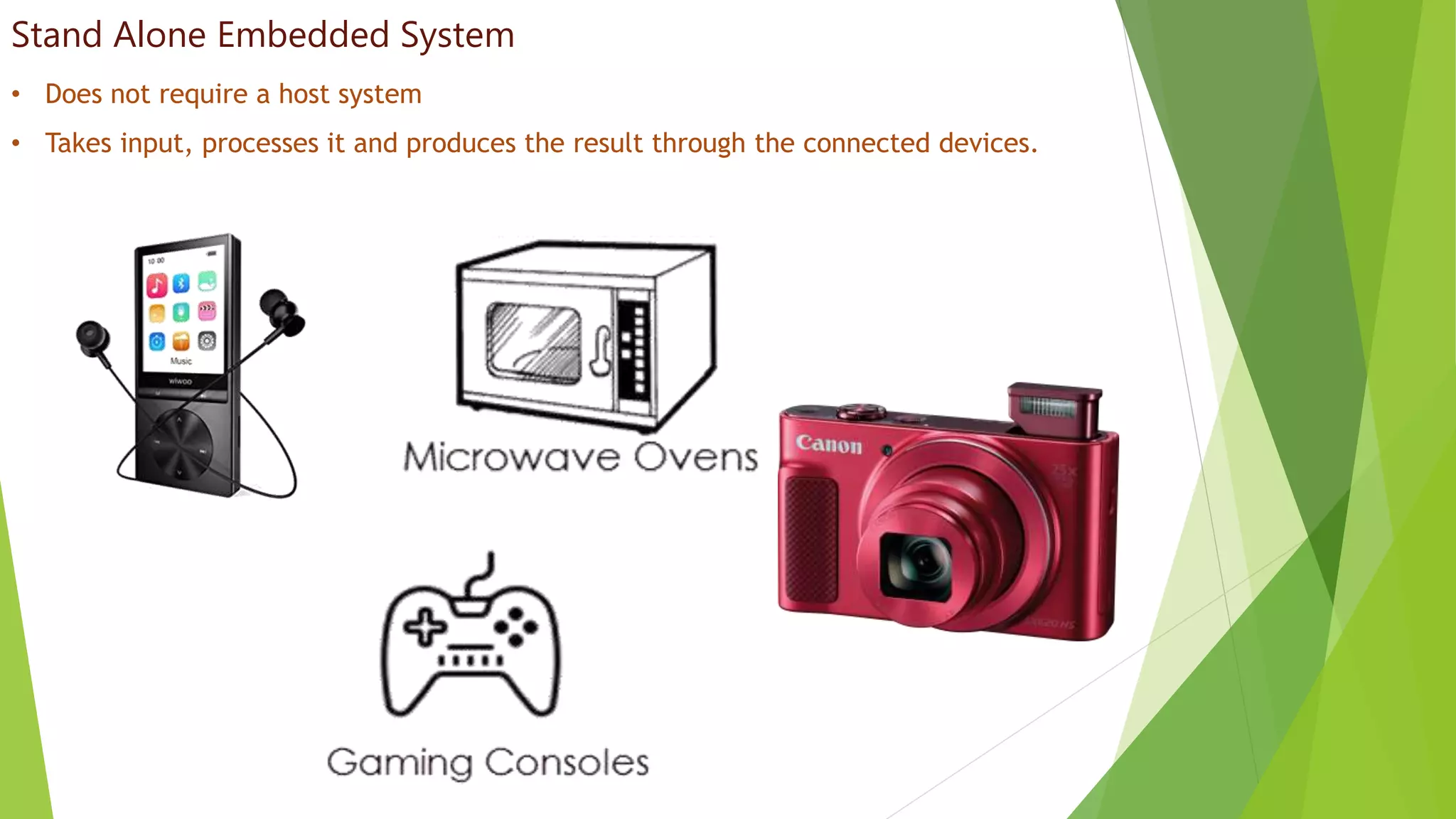 Stand Alone Embedded System
• Does not require a host system
• Takes input, processes it and produces the result through the connected devices.
 