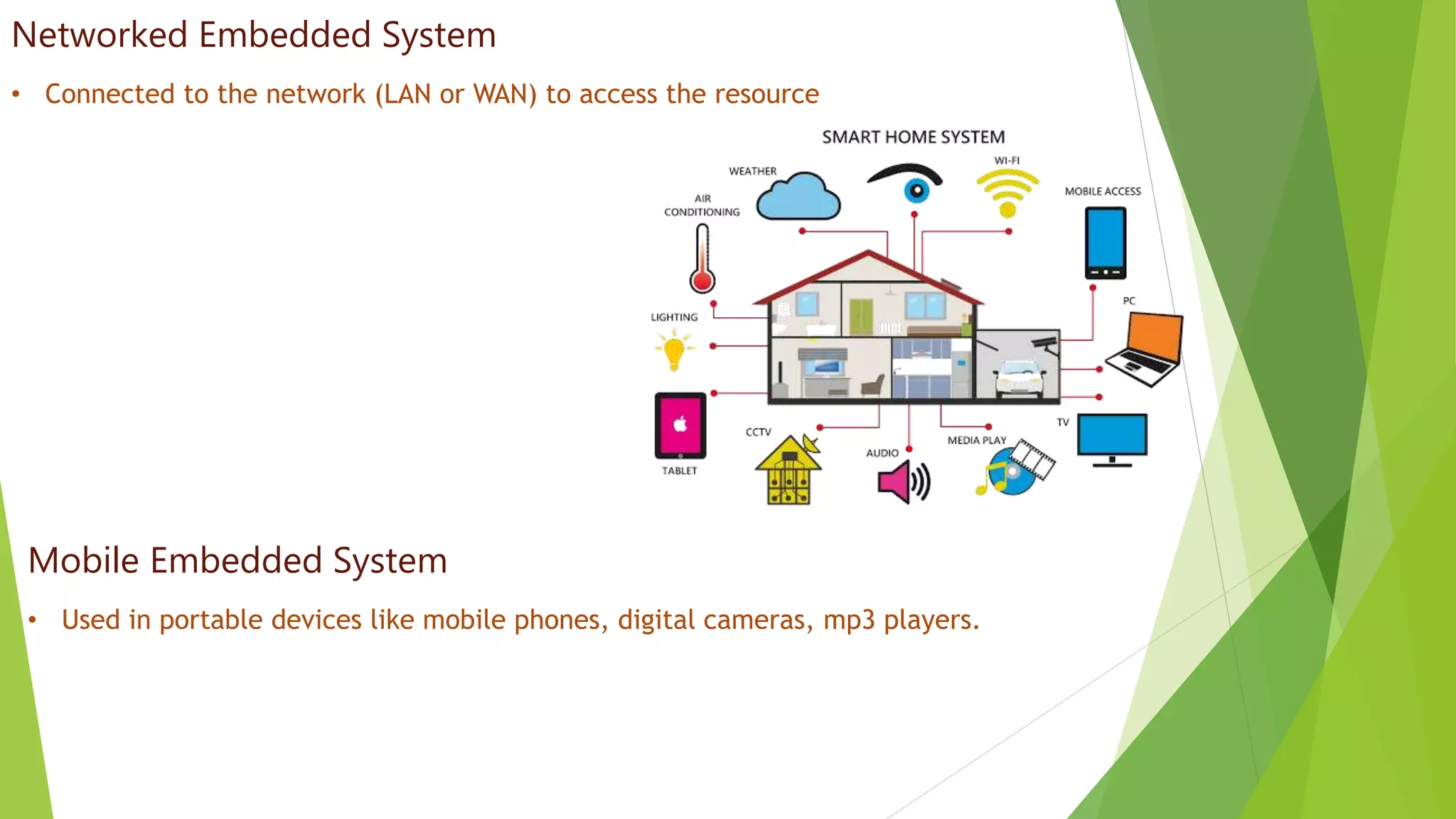 Networked Embedded System
• Connected to the network (LAN or WAN) to access the resource
Mobile Embedded System
• Used in portable devices like mobile phones, digital cameras, mp3 players.
 
