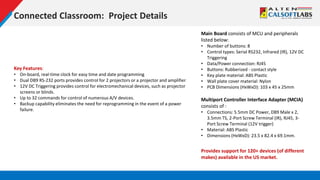 Connected Classroom: Project Details
Main Board consists of MCU and peripherals
listed below:
• Number of buttons: 8
• Control types: Serial RS232, Infrared (IR), 12V DC
Triggering
• Data/Power connection: RJ45
• Buttons: Rubberized - contact style
• Key plate material: ABS Plastic
• Wall plate cover material: Nylon
• PCB Dimensions (HxWxD): 103 x 45 x 25mm
Multiport Controller Interface Adapter (MCIA)
consists of :
• Connections: 5.5mm DC Power, DB9 Male x 2,
3.5mm TS, 2-Port Screw Terminal (IR), RJ45, 3-
Port Screw Terminal (12V trigger)
• Material: ABS Plastic
• Dimensions (HxWxD): 23.5 x 82.4 x 69.1mm.
Key Features:
• On-board, real-time clock for easy time and date programming
• Dual DB9 RS-232 ports provides control for 2 projectors or a projector and amplifier
• 12V DC Triggering provides control for electromechanical devices, such as projector
screens or blinds.
• Up to 32 commands for control of numerous A/V devices.
• Backup capability eliminates the need for reprogramming in the event of a power
failure.
Provides support for 120+ devices (of different
makes) available in the US market.
 