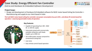 Case Study: Energy Efficient Fan Controller
End-to-end Hardware & Embedded Software Development
Project Scope:
• Design and development of Hardware & Embedded software for BLDC motor based Ceiling fan Controller +
Manufacturing and supply to our client based in India
The 3 ph BLDC motor based ceiling fan controller cuts power consumption by up to 55% , and allows IR remote based fan
operation + several programmable modes of operation.
Key Features
• Capable of operating from 190 - 250V
AC or 24V DC supply
• Extensively tested with commercially
available ceiling fans with blade
lengths up to 1200 mm
• 50 to 60% power savings compared to
conventional ceiling fans
• Low noise
• Easy remote control based operation
 