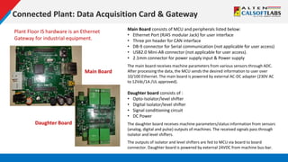 Connected Plant: Data Acquisition Card & Gateway
Main Board consists of MCU and peripherals listed below:
• Ethernet Port (RJ45 modular Jack) for user interface
• Three pin header for CAN interface
• DB-9 connector for Serial communication (not applicable for user access)
• USB2.0 Mini-AB connector (not applicable for user access).
• 2.1mm connector for power supply input & Power supply
The main board receives machine parameters from various sensors through ADC.
After processing the data, the MCU sends the desired information to user over
10/100 Ethernet. The main board is powered by external AC-DC adapter (230V AC
to 12Vdc/1A /UL approved).
Daughter board consists of :
• Opto-Isolator/level shifter
• Digital Isolator/level shifter
• Signal conditioning circuit
• DC Power
The daughter board receives machine parameters/status information from sensors
(analog, digital and pulse) outputs of machines. The received signals pass through
isolator and level shifters.
The outputs of isolator and level shifters are fed to MCU via board to board
connector. Daughter board is powered by external 24VDC from machine bus-bar.
Main Board
Daughter Board
Plant Floor IS hardware is an Ethernet
Gateway for industrial equipment.
 