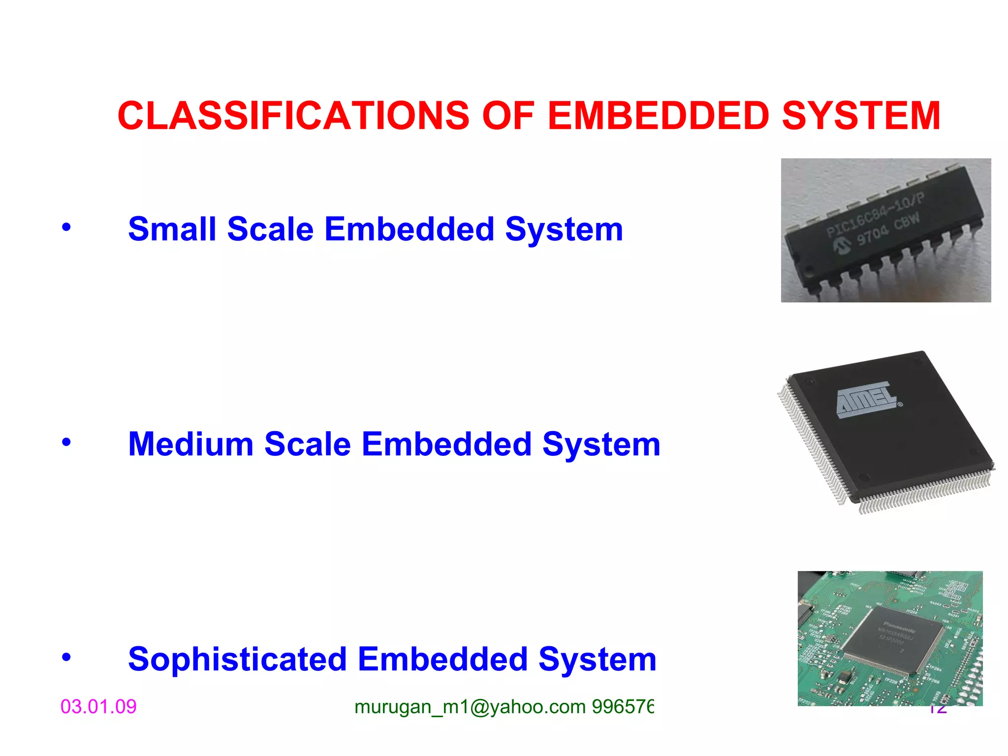 CLASSIFICATIONS OF EMBEDDED SYSTEM Small Scale Embedded System Medium Scale Embedded System Sophisticated Embedded System 