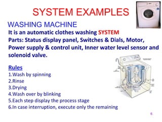 6 
SYSTEM EXAMPLES 
WASHING MACHINE 
It is an automatic clothes washing SYSTEM 
Parts: Status display panel, Switches & Dials, Motor, 
Power supply & control unit, Inner water level sensor and 
solenoid valve. 
Rules 
1.Wash by spinning 
2.Rinse 
3.Drying 
4.Wash over by blinking 
5.Each step display the process stage 
6.In case interruption, execute only the remaining 
 
