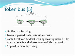Token bus [5]
 Similar to token ring
 Token is passed via bus simultaneously
 Cable break can be dealt with by reconfiguration (like
when a node is added to or taken off the network.
 Applied in manufacturing
 