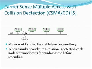 Carrier Sense Multiple Access with
Collision Dectection (CSMA/CD) [5]
 Nodes wait for idle channel before transmitting.
 When simultaneously transmission is detected, each
node stops and waits for random time before
resending.
 