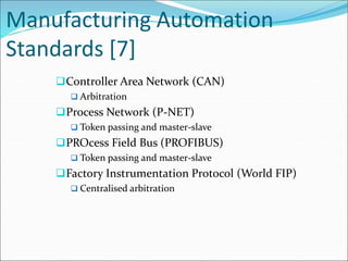 Manufacturing Automation
Standards [7]
Controller Area Network (CAN)
 Arbitration
Process Network (P-NET)
 Token passing and master-slave
PROcess Field Bus (PROFIBUS)
 Token passing and master-slave
Factory Instrumentation Protocol (World FIP)
 Centralised arbitration
 
