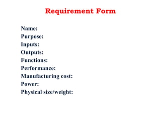 Requirement Form
Name:
Purpose:
Inputs:
Outputs:
Functions:
Performance:
Manufacturing cost:
Power:
Physical size/weight:
 