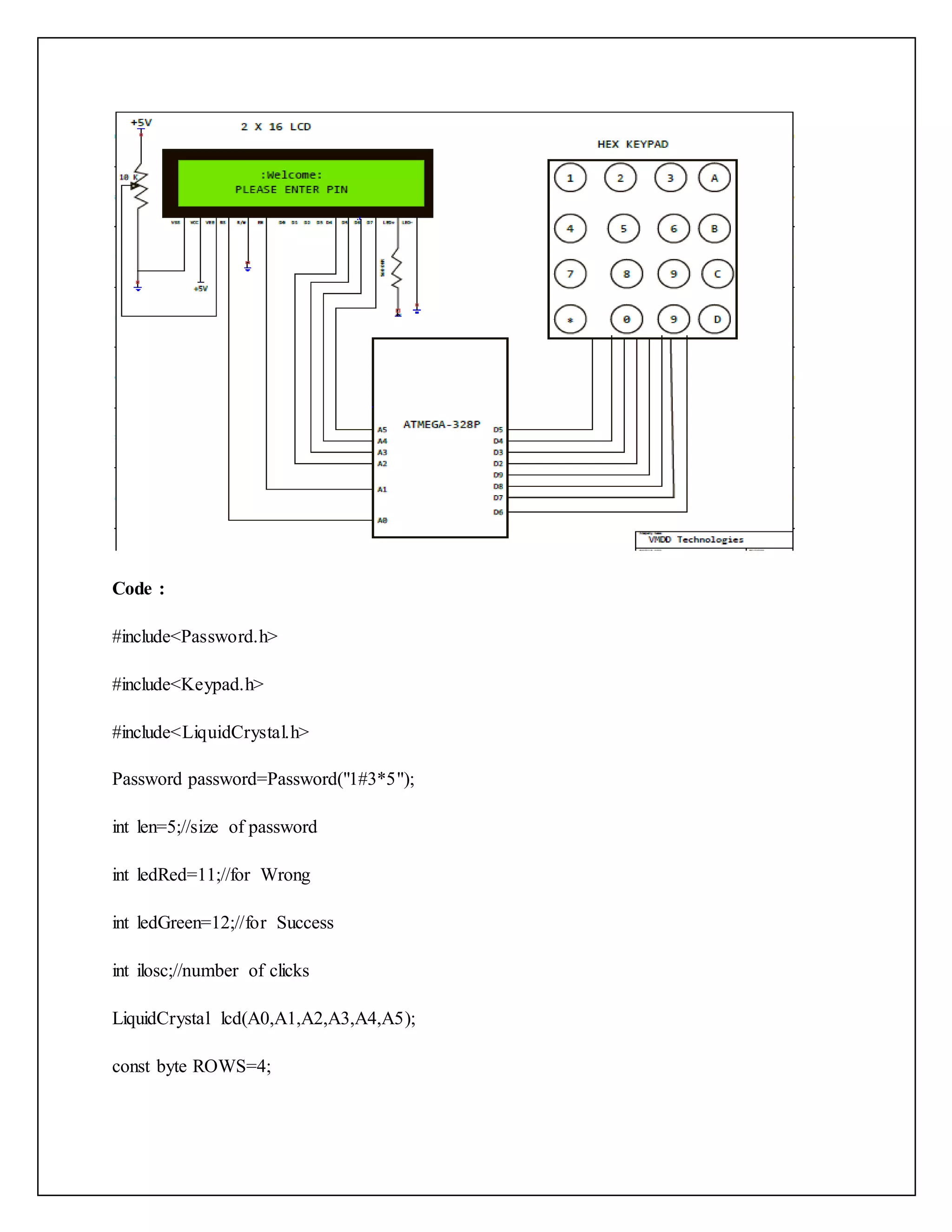 Code : #include<Password.h> #include<Keypad.h> #include<LiquidCrystal.h> Password password=Password("1#3*5"); int len=5;//size of password int ledRed=11;//for Wrong int ledGreen=12;//for Success int ilosc;//number of clicks LiquidCrystal lcd(A0,A1,A2,A3,A4,A5); const byte ROWS=4; 