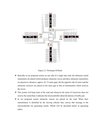 Figure 2.1: Prototype Of Road
 Basically in our proposed system on one side of a single lane road, the ultrasonic sound
transmitters are placed which produces ultrasonic waves and these ultrasonic transmitters
are placed at a distance ( approx 10- 15 meter gap). On the opposite side of same road the
ultrasonic receivers are placed at the same gap as that of irtransmitters which receives
the waves .
 This system will keep track of the road and whenever the series of irreceivers does not
receive the sound than it indicates the microcontroller about the density of traffic jam.
 In our proposed system ultrasonic sensors are placed on the road. When their
transmittance is disturbed by the moving vehicles they convey that message to the
microcontroller for generating results. Which will be described below in upcoming
topics.
 