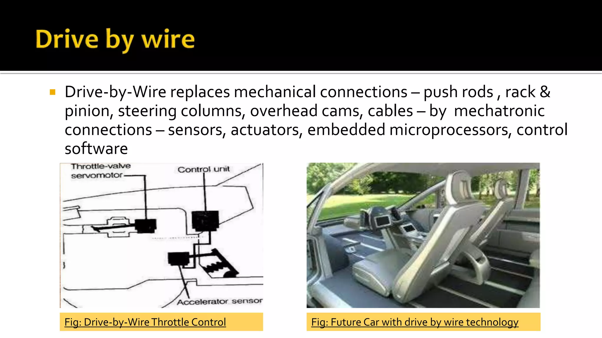  Drive-by-Wire replaces mechanical connections – push rods , rack &
pinion, steering columns, overhead cams, cables – by mechatronic
connections – sensors, actuators, embedded microprocessors, control
software
Fig: Drive-by-WireThrottle Control Fig: Future Car with drive by wire technology
 