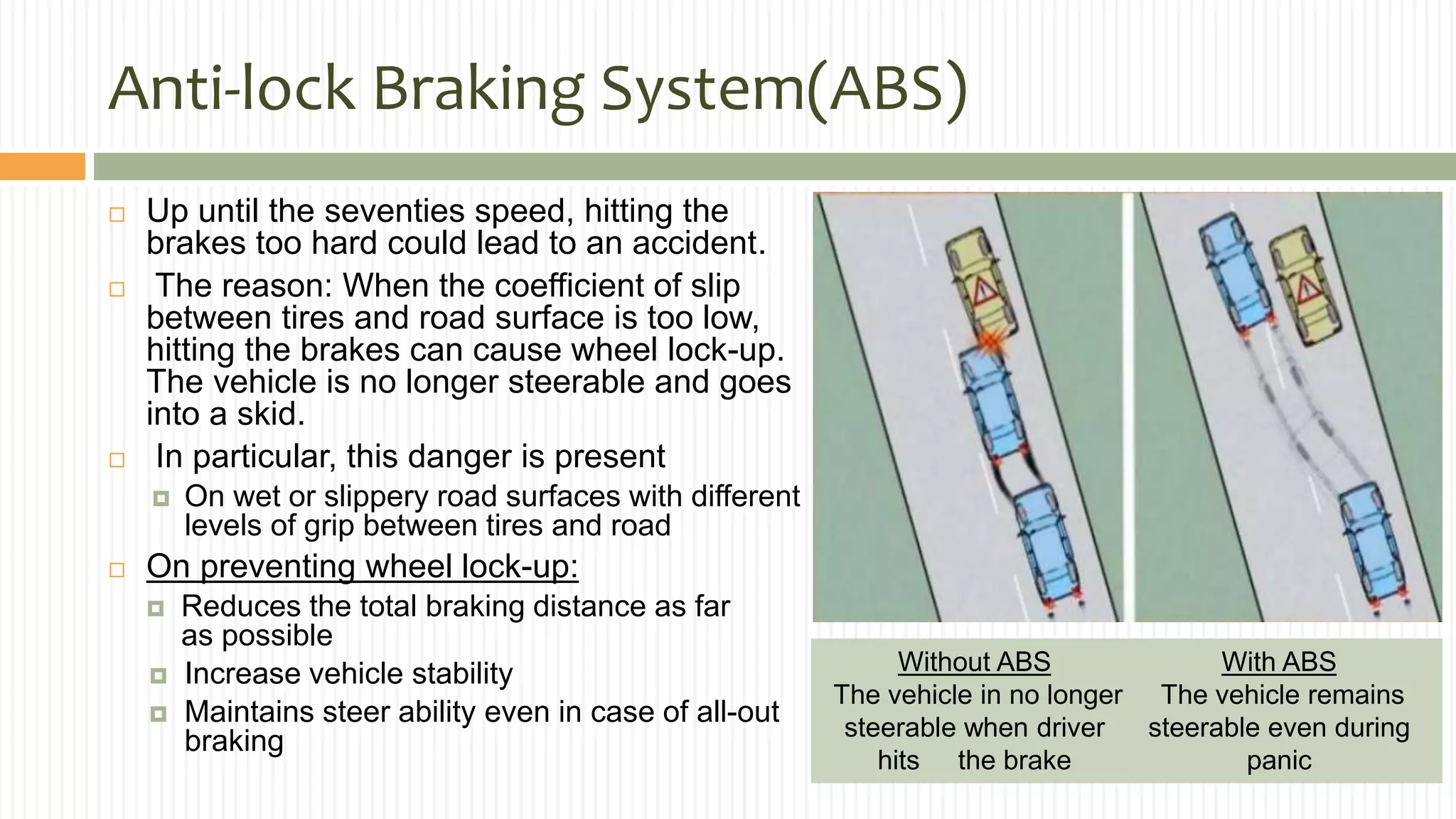 Anti-lock Braking System(ABS)
 Up until the seventies speed, hitting the
brakes too hard could lead to an accident.
 The reason: When the coefficient of slip
between tires and road surface is too low,
hitting the brakes can cause wheel lock-up.
The vehicle is no longer steerable and goes
into a skid.
 In particular, this danger is present
 On wet or slippery road surfaces with different
levels of grip between tires and road
 On preventing wheel lock-up:
 Reduces the total braking distance as far
as possible
 Increase vehicle stability
 Maintains steer ability even in case of all-out
braking
Without ABS
The vehicle in no longer
steerable when driver
hits the brake
With ABS
The vehicle remains
steerable even during
panic
 
